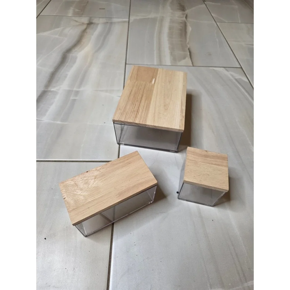3‎ Piece Clear Acrylic Storage Bin Set with Wood Lids Nesting Organizers